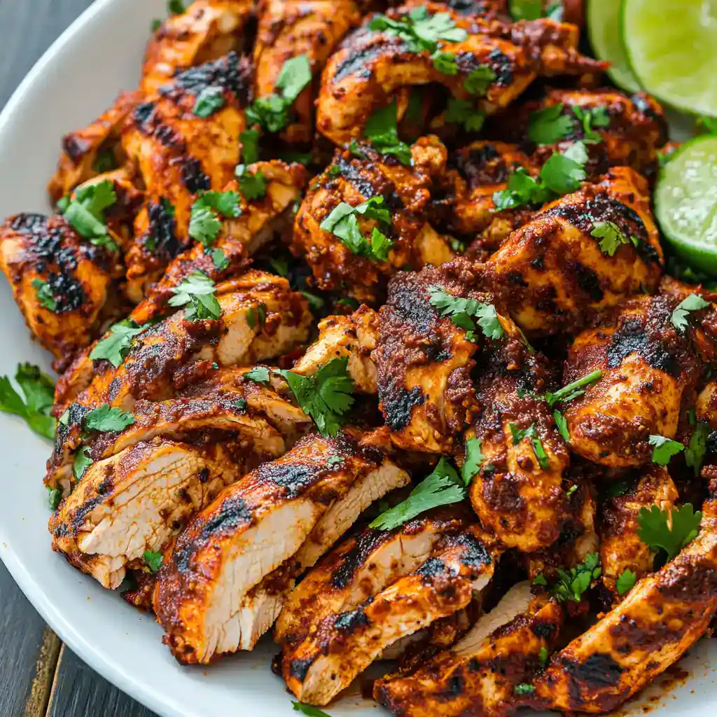 Grilled chicken with spicy marinade garnished with fresh cilantro, served with lime wedges, perfect for Mexican-inspired recipes and flavorful meal ideas.