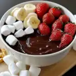 Fresh strawberries, banana slices, mini marshmallows, and hot fudge in a dessert bowl for an indulgent treat.