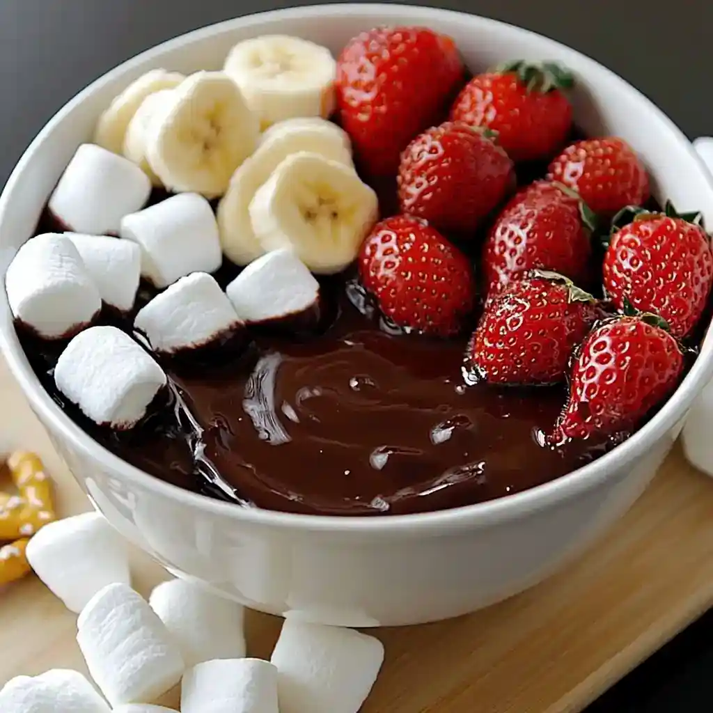 Fresh strawberries, banana slices, mini marshmallows, and hot fudge in a dessert bowl for an indulgent treat.