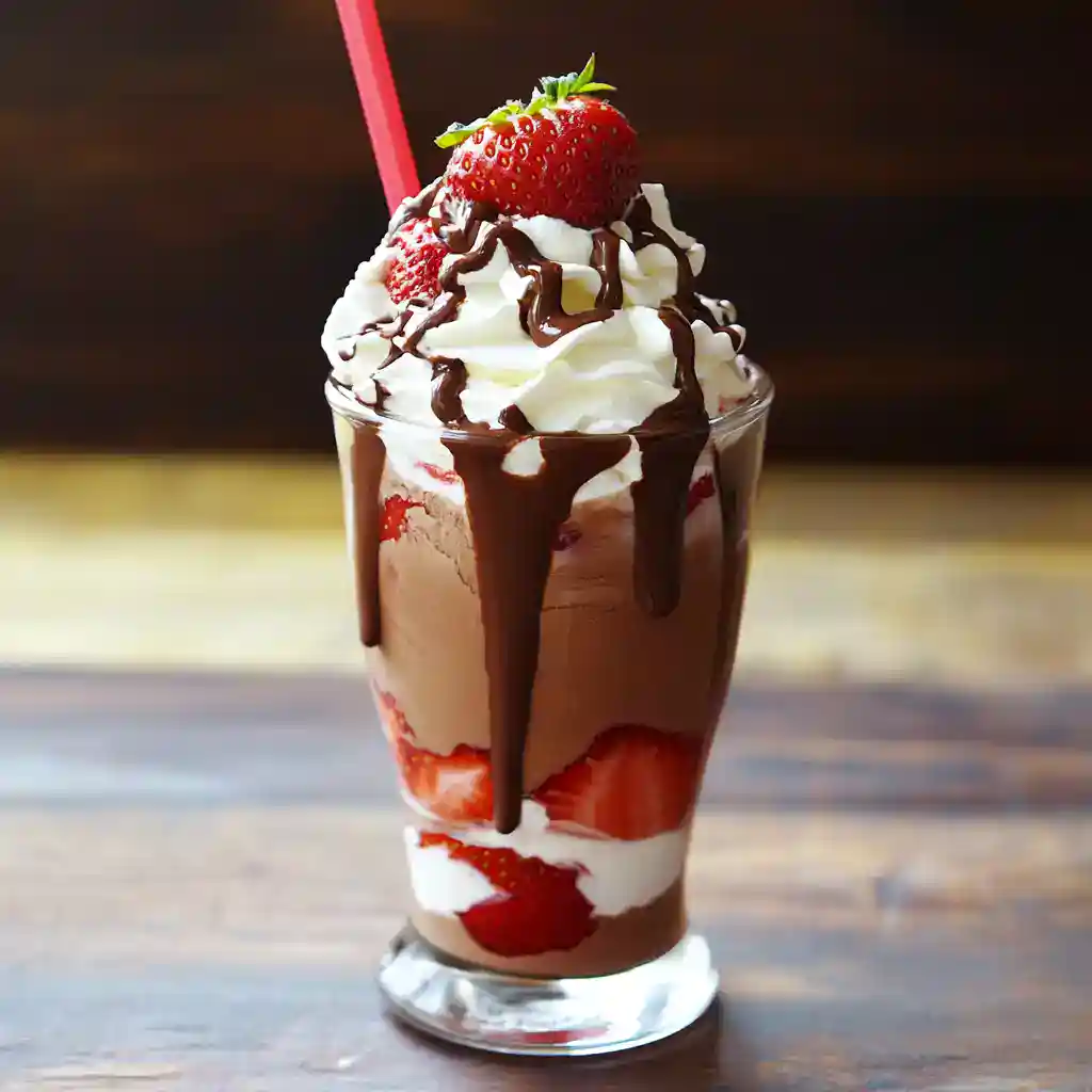 1. Fresh strawberry chocolate sundae with whipped cream and chocolate drizzle in a tall glass.
