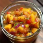 Sweet potato salsa with red onion, bell peppers, and fresh herbs in a glass jar. Perfect for a healthy snack or topping, easy to make with simple ingredients.