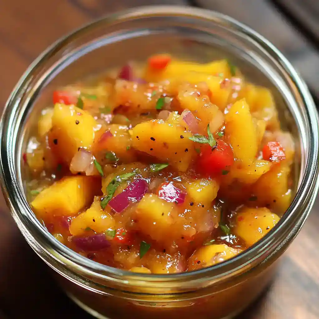 Sweet potato salsa with red onion, bell peppers, and fresh herbs in a glass jar. Perfect for a healthy snack or topping, easy to make with simple ingredients.