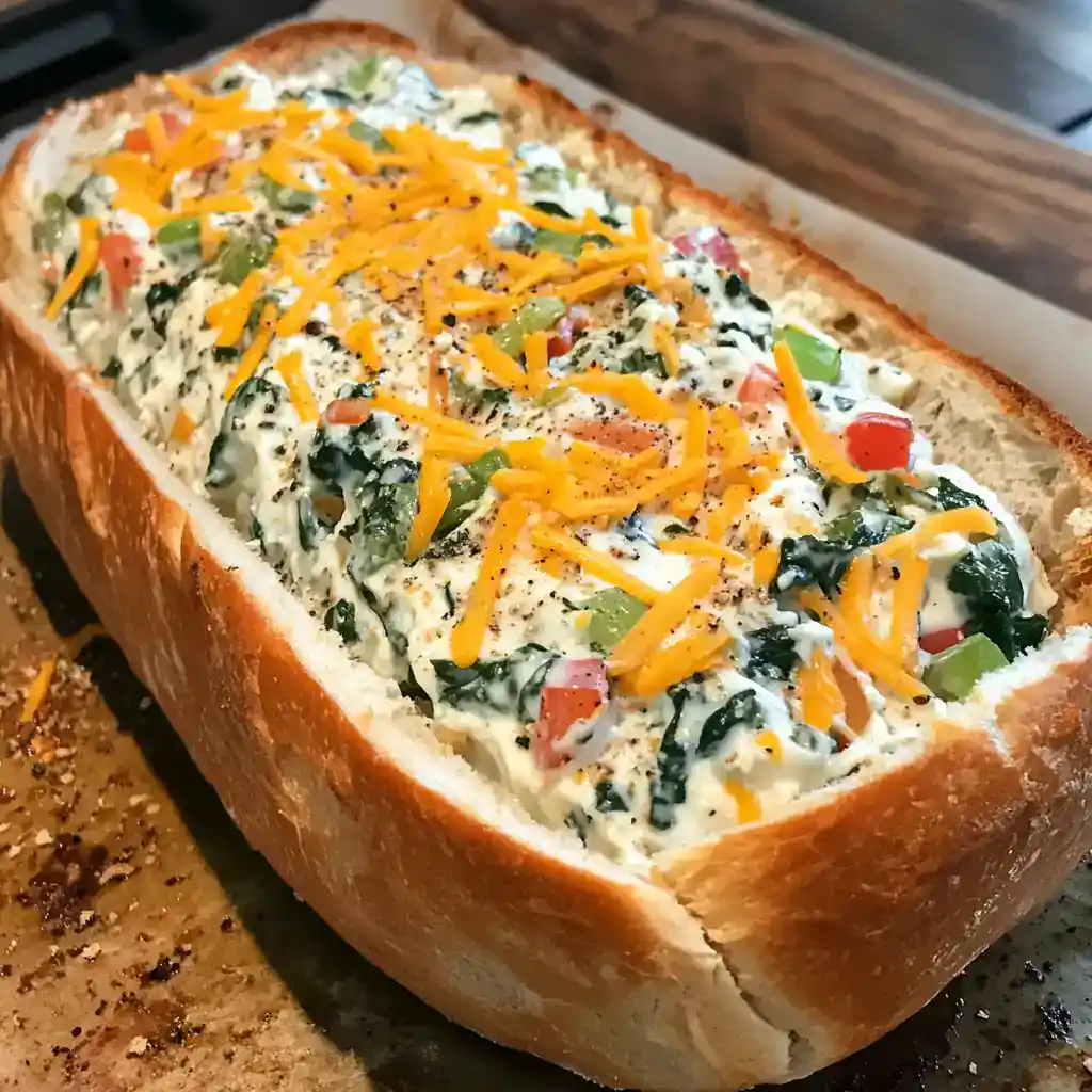 Creamy Veggie Dip Bread Bowls topped with shredded cheddar, chopped peppers, and fresh spinach, perfect for party appetizers or snacks, made with savory ingredients and baked to perfection.