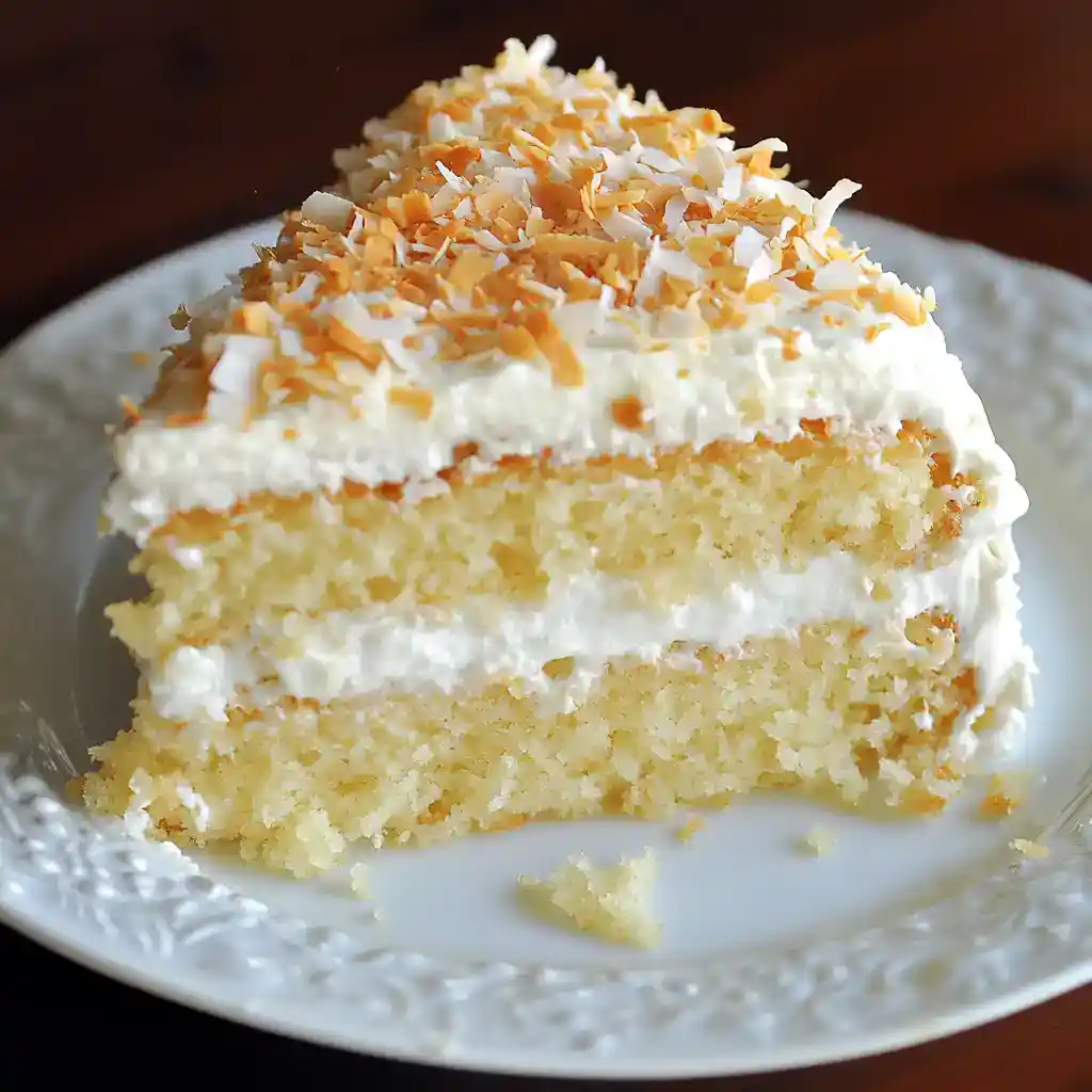 Fluffy coconut cake with creamy frosting and toasted coconut topping, perfect for celebrations and special occasions.