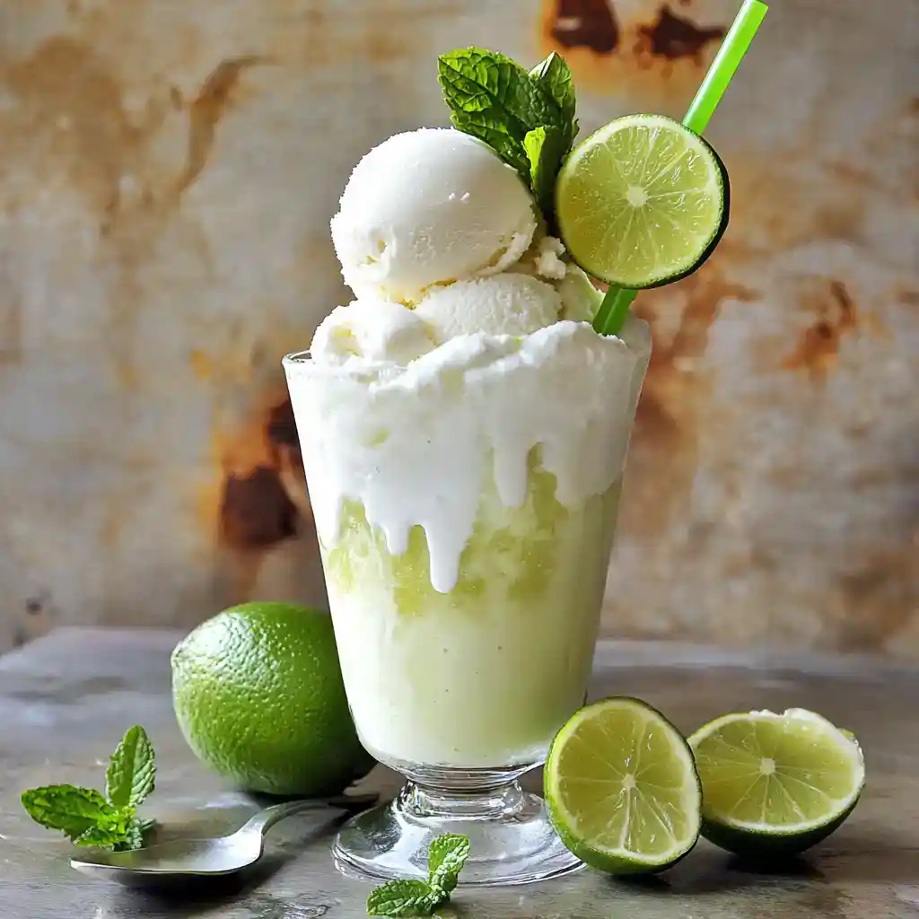 Refreshing Lime and Mint Ice Cream Float with Fresh Lime Slices and Mint Garnish, perfect for summer desserts and easy to make at home. Ideal for cool, citrus-flavored treats.
