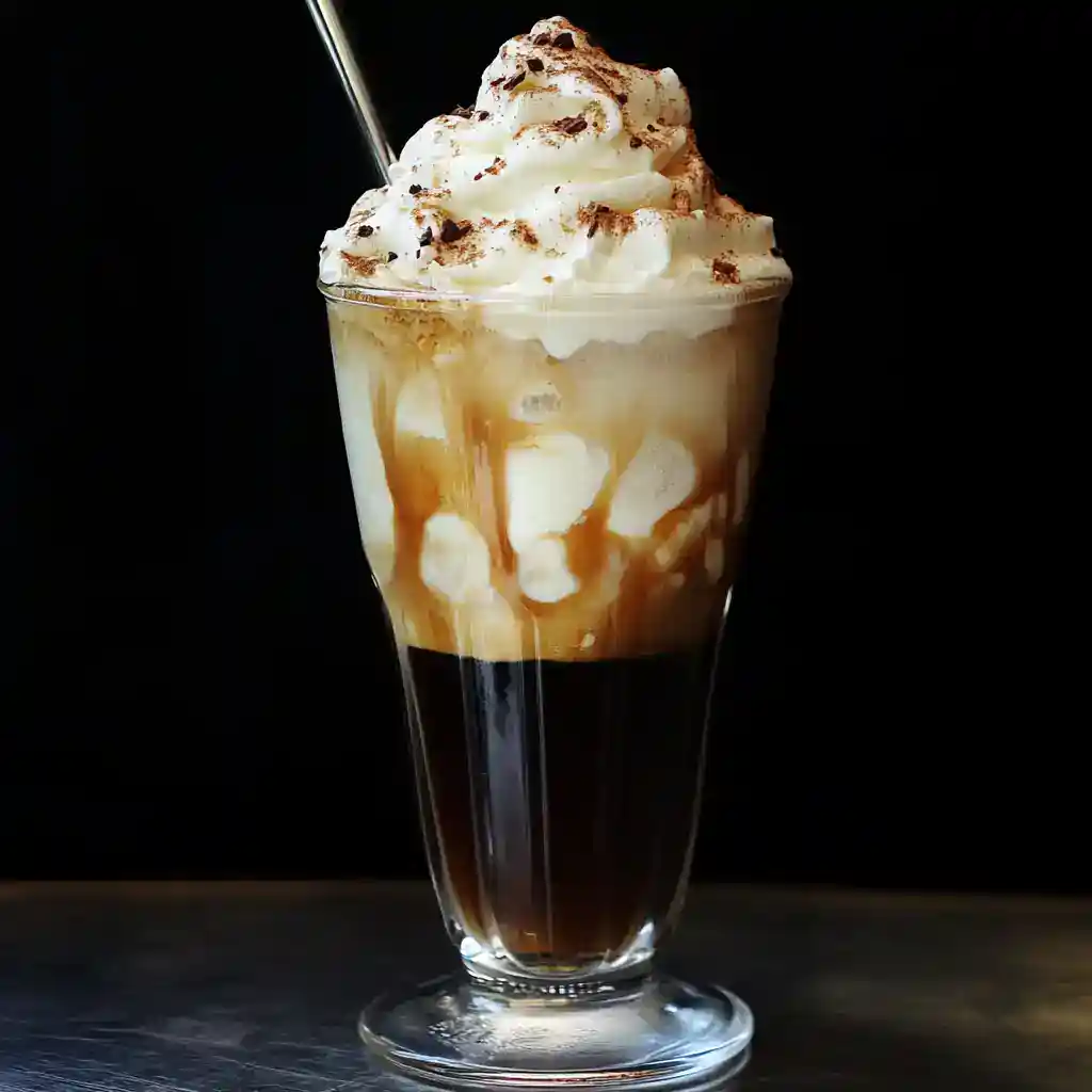 Creamy iced coffee drink topped with whipped cream and chocolate shavings, featuring caramel drizzle, served in a tall glass with a straw. Perfect for coffee lovers seeking a sweet, indulgent beverage.