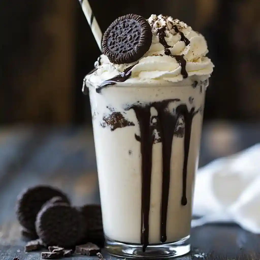 Creamy Oreo milkshake with whipped cream and chocolate syrup, garnished with an Oreo cookie. Perfectly blended dessert drink with cookies and chocolate flavor. Ideal for milkshake recipes and sweet treats.