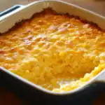 Creamy baked macaroni and cheese in a white casserole dish with golden crispy top.