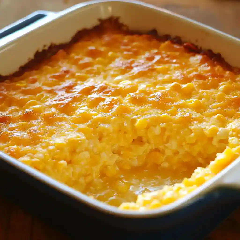 Creamy baked macaroni and cheese in a white casserole dish with golden crispy top.