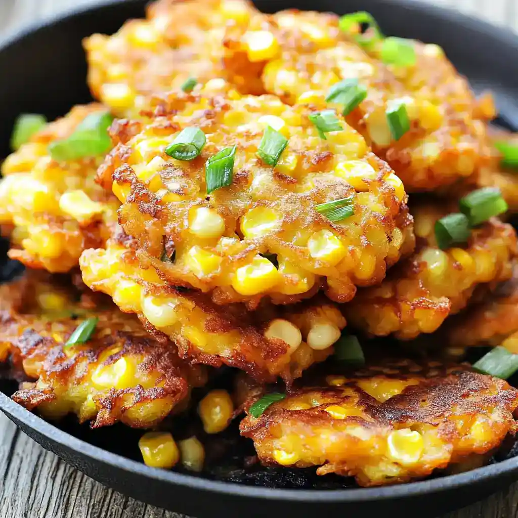 Golden crispy corn fritters topped with green onions, served in a black skillet, perfect for savory snack recipes.