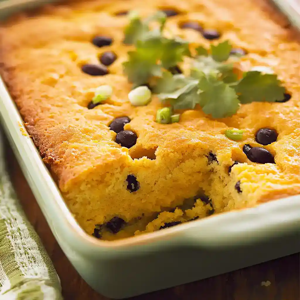 Cheese and Black Bean Corn Casserole baked dish with fresh cilantro and chopped green onions, made with cheesy, creamy cornmeal batter, perfect for a hearty, flavorful meal or side dish.