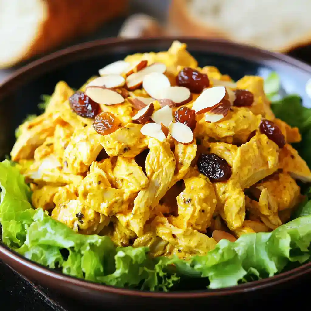 Scrambled chicken salad with almonds and dried cranberries served on a bed of fresh lettuce. Perfect for sandwiches, wraps, or as a light, nutritious meal.