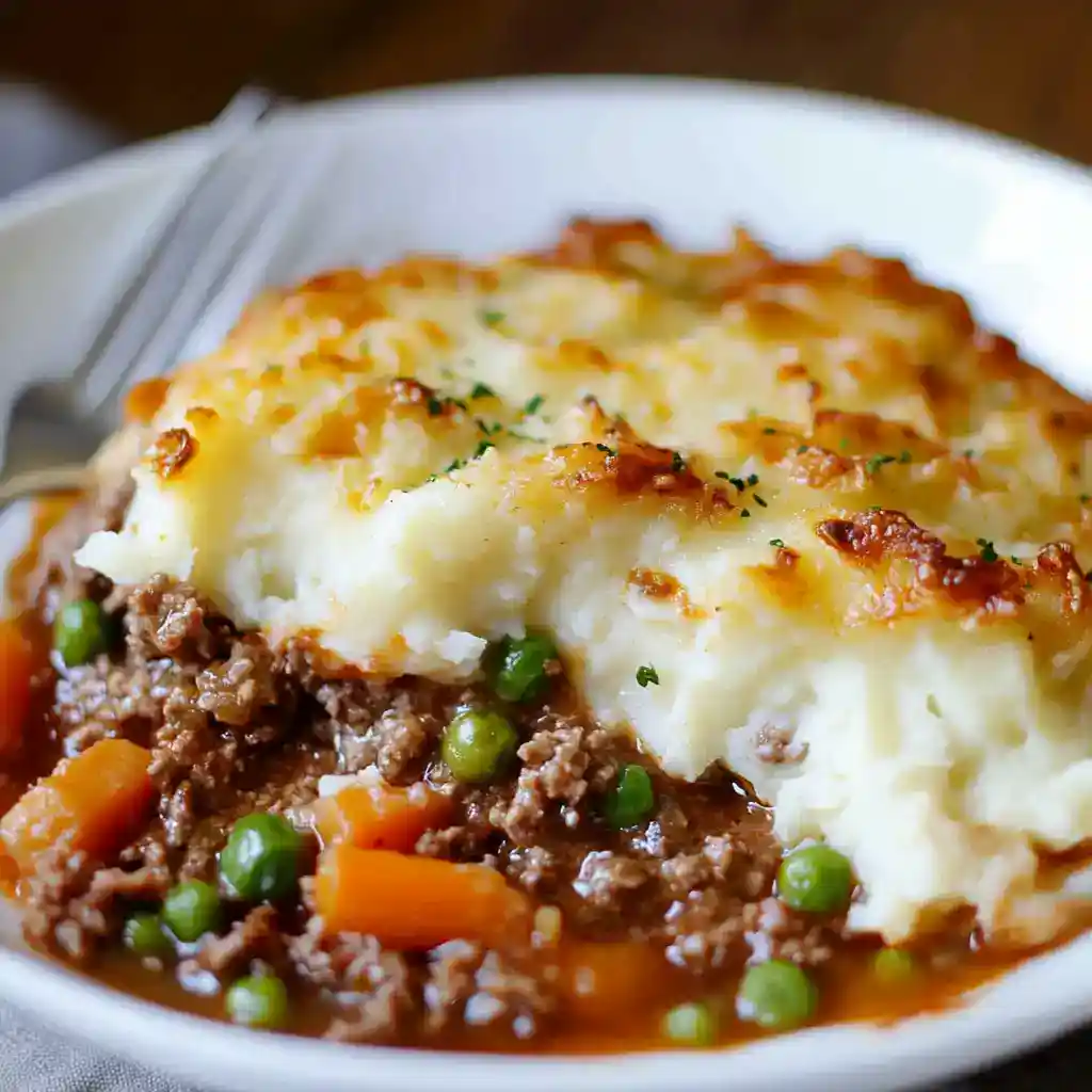 Comforting shepherd's pie with mashed potatoes, ground beef, carrots, peas, and gravy in a white bowl. Perfect for hearty family dinners and easy weeknight meal ideas.