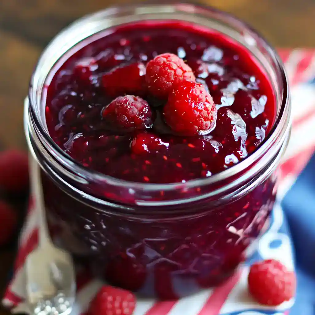 Sweet homemade raspberry jam in a glass jar with fresh raspberries on top, perfect for breakfast or toast.
