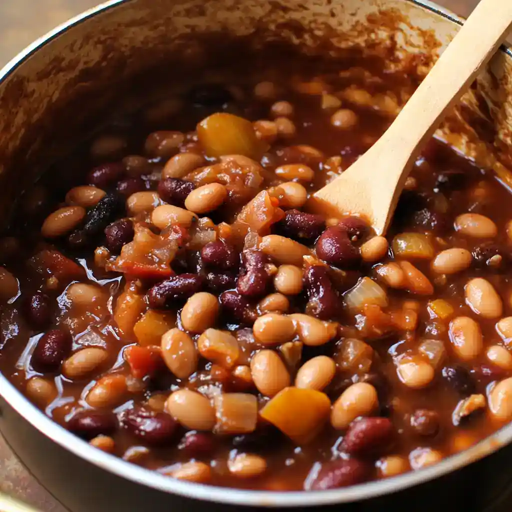 Creamy and hearty bean chili in a pot with a wooden spoon, ready for serving. Perfect comfort food recipe from Station Recipes, filled with mixed beans, vegetables, and rich spices.