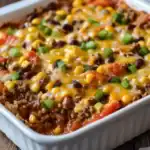 Hearty beef taco casserole with corn, beans, cheese, and green onions in a white baking dish.