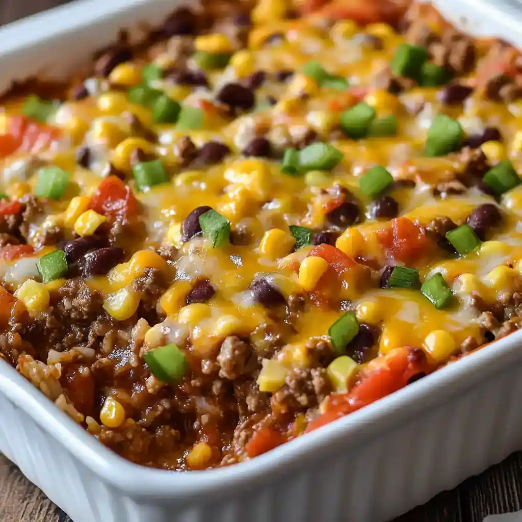 Hearty beef taco casserole with corn, beans, cheese, and green onions in a white baking dish.