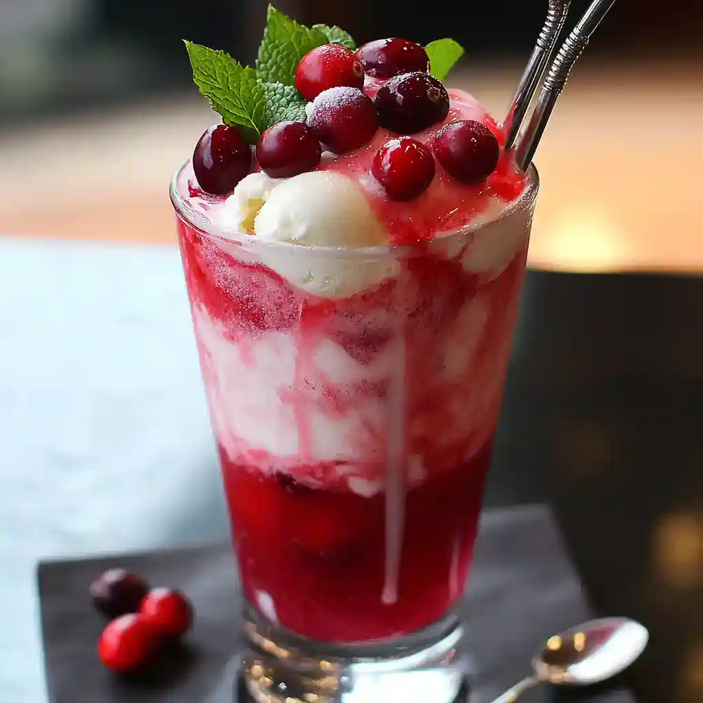 Fresh cranberry and mint-flavored ice cream float with red berry syrup, served in a tall glass with two metal straws, garnished with fresh mint leaves and berries. Perfect summer dessert or beverage.