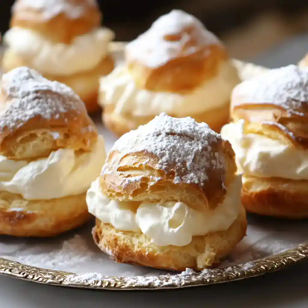 Flaky cream puffs filled with whipped cream and topped with powdered sugar, perfect for dessert or tea time.