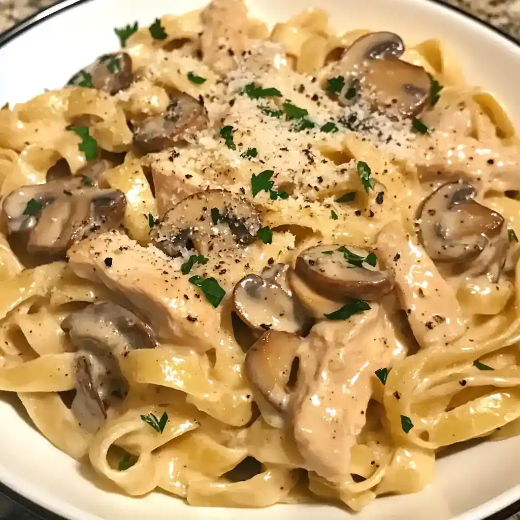 Creamy chicken mushroom fettuccine pasta dish with herbs and Parmesan cheese. Perfect comfort food recipe for family dinners or special occasions. Easy homemade pasta sauce made with fresh ingredients.