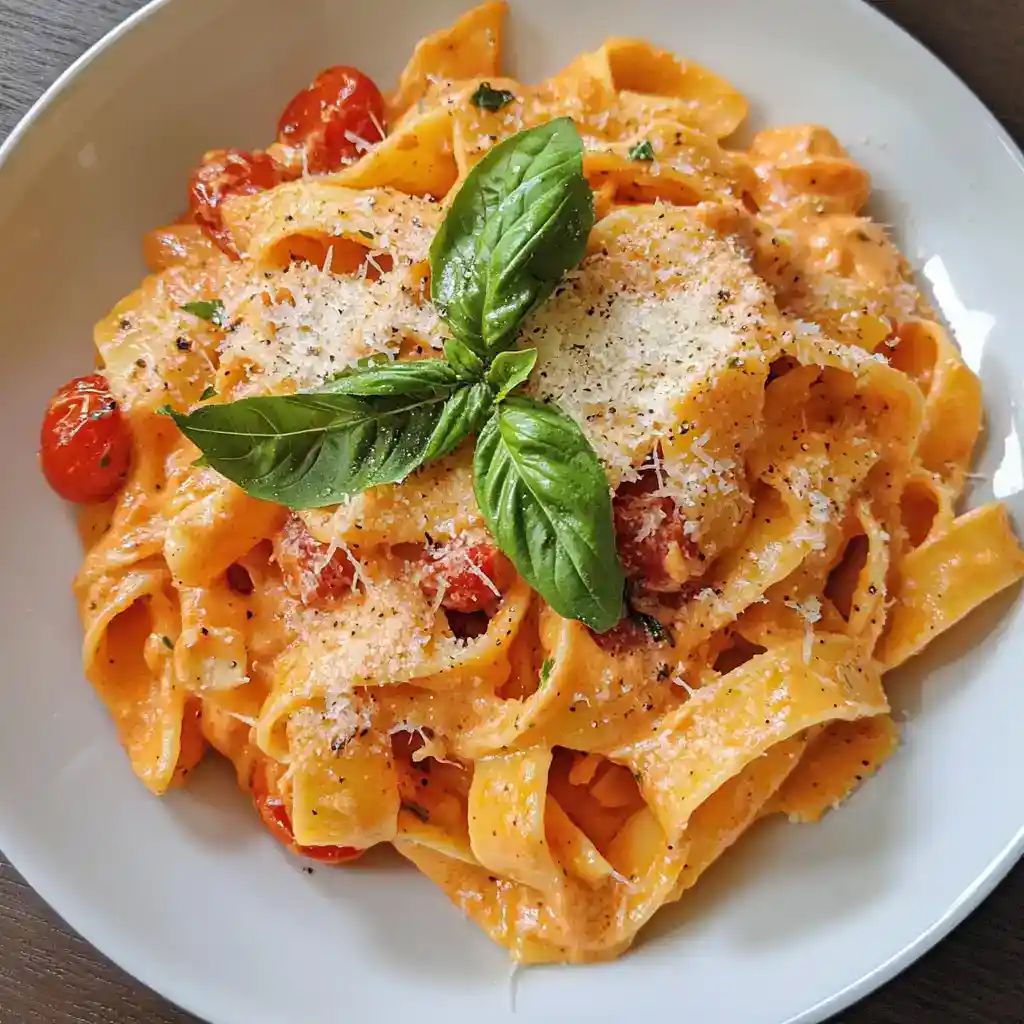 Creamy tomato basil pasta with cherry tomatoes, grated Parmesan, and fresh basil leaves on top | Easy homemade Italian pasta recipe | Perfect for weeknight dinners and hearty meals.