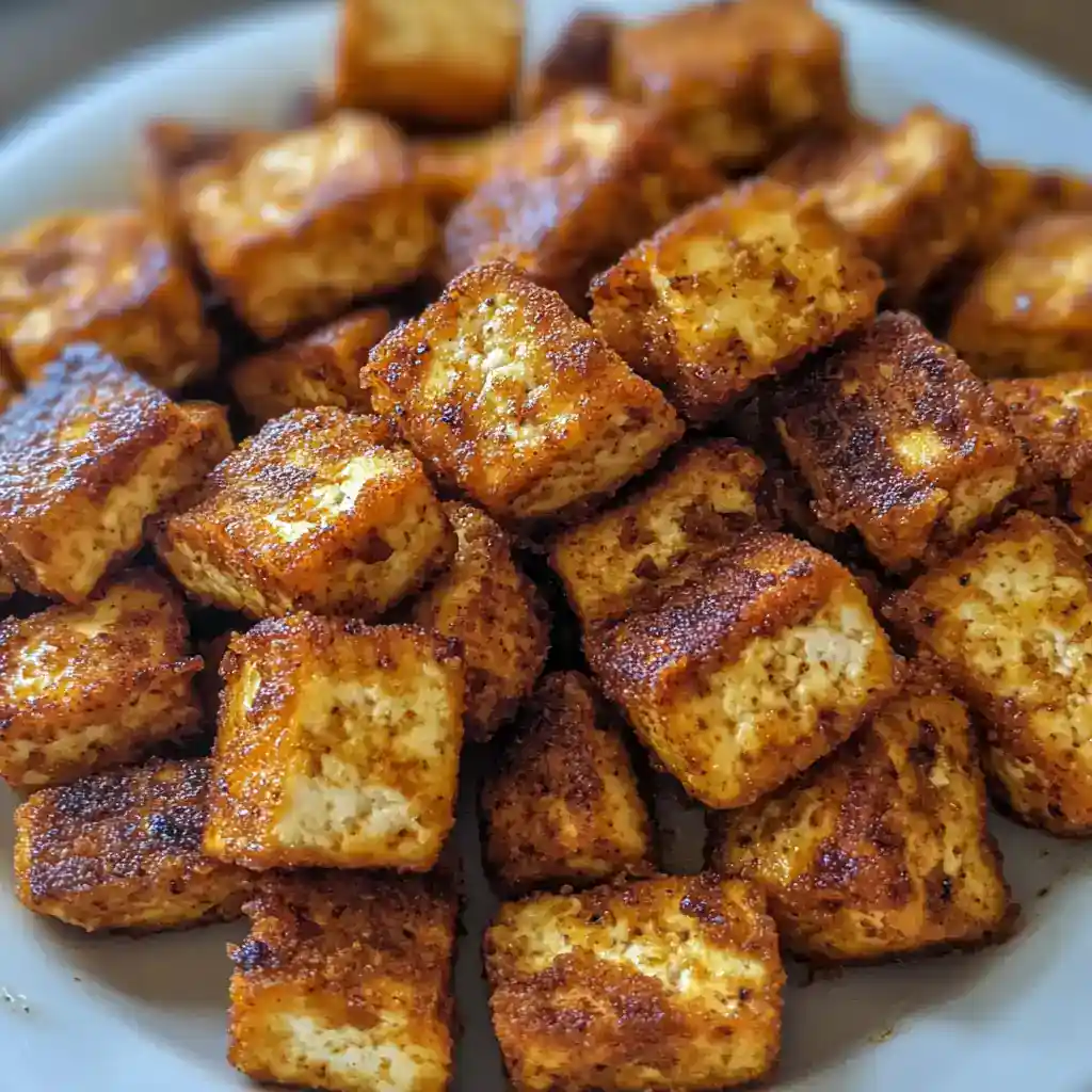 Crispy fried tofu cubes with golden-brown crust, perfect for appetizers or snacks, seasoned with spices and served with dipping sauces. Ideal for plant-based meals and vegetarian diets.