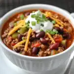 Hearty taco soup with ground beef, kidney beans, vegetables, shredded cheese, sour cream, and green onions in a white bowl. Perfect for quick and delicious meals.