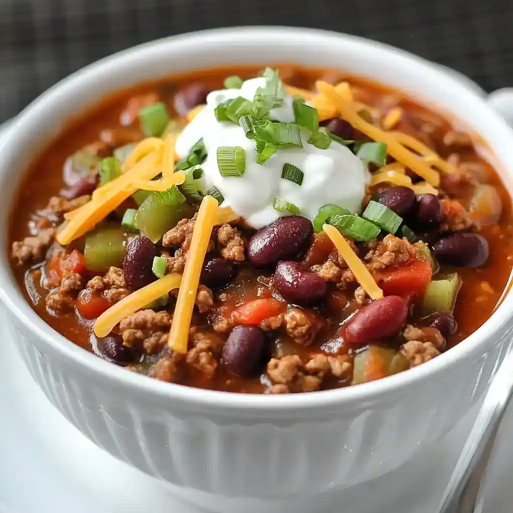 Hearty taco soup with ground beef, kidney beans, vegetables, shredded cheese, sour cream, and green onions in a white bowl. Perfect for quick and delicious meals.