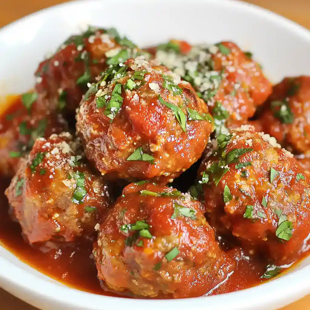 Savory meatballs with tomato sauce garnished with chopped herbs in a white bowl.