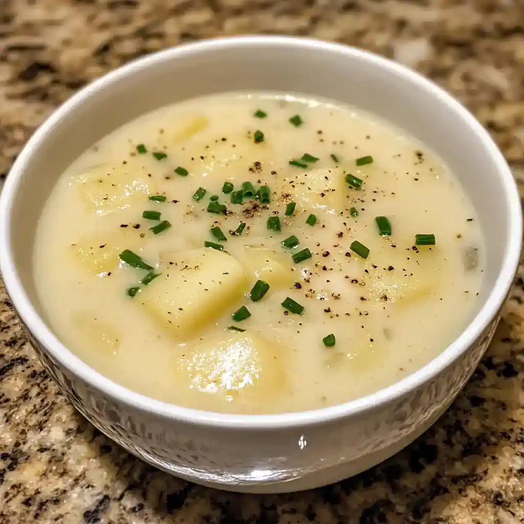 Creamy potato soup with chives in a white bowl on a granite countertop.