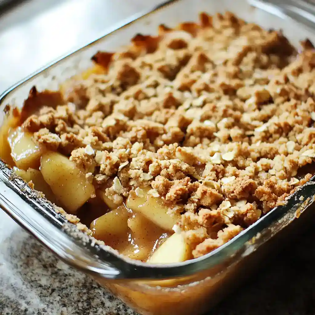 Golden baked apple crumble dessert served in a glass baking dish with a crispy streusel topping. Perfect for fall and winter gatherings, featuring tender apples and a crunchy topping for a cozy treat.