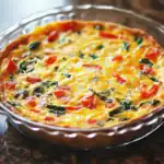 Oven-baked egg and veggie quiche with colorful bell peppers and spinach in a glass pie dish.