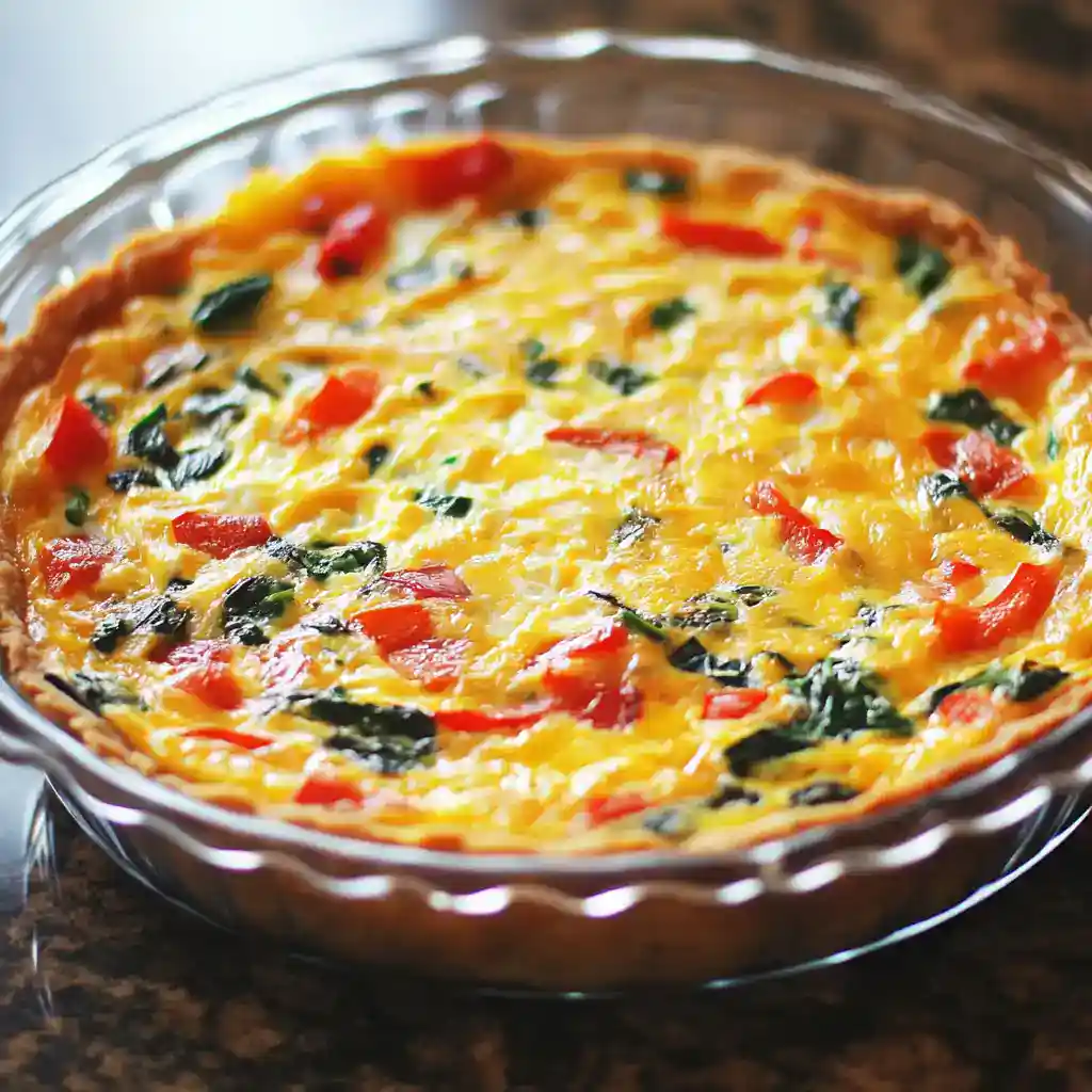 Oven-baked egg and veggie quiche with colorful bell peppers and spinach in a glass pie dish.