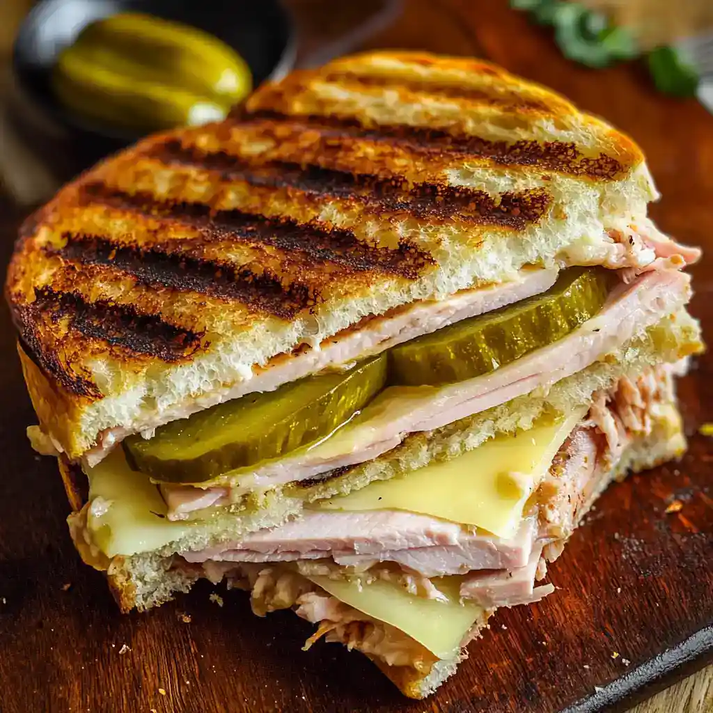 Grilled chicken and cheese melt sandwich with pickles on toasted bread, served on a wooden cutting board. Perfect for lunch or a quick snack, featuring melty cheese and crispy grill marks.
