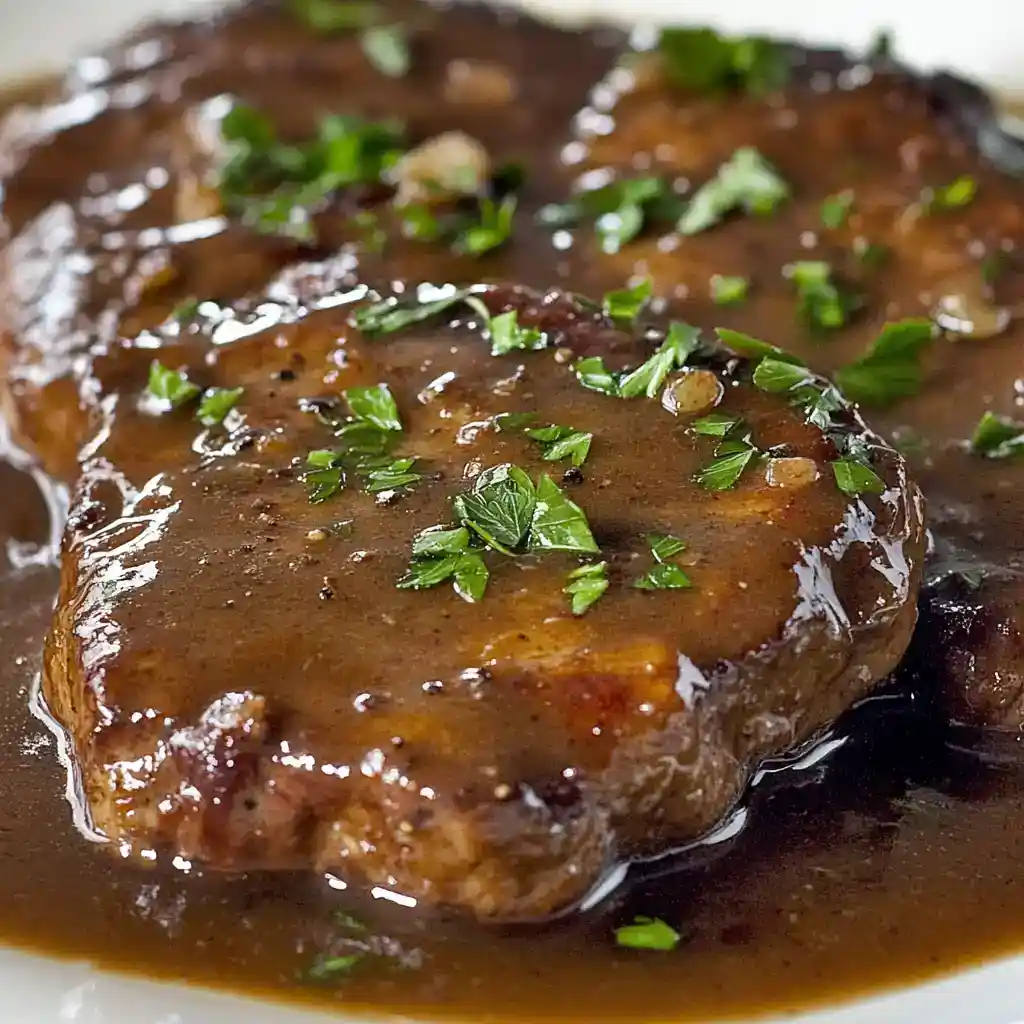 Juicy, tender beef steak covered in rich brown gravy, garnished with freshly chopped parsley, served on a white plate — a hearty homemade station-inspired recipe.