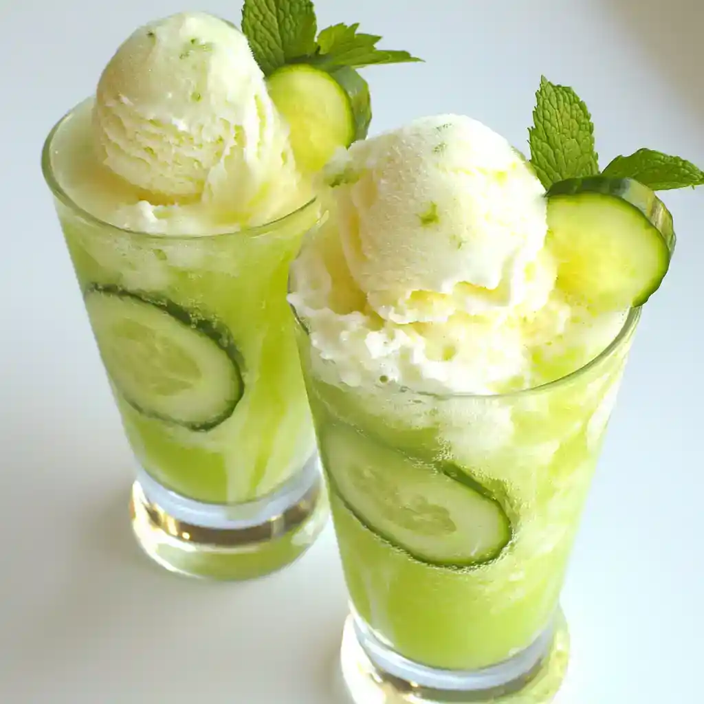 Creamy cucumber mint ice cream floats with fresh mint and cucumber slices for a cool summer treat. Perfect for hot days and easy to make at home with simple ingredients.