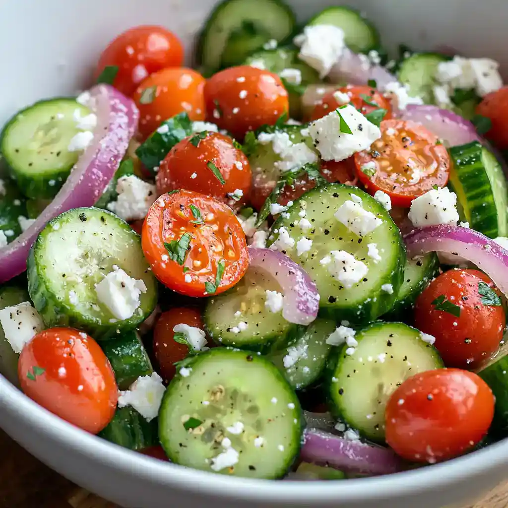 Fresh cucumber cherry tomato salad with feta cheese, red onion, and herbs - healthy, easy-to-make vegetarian side dish or appetizer.