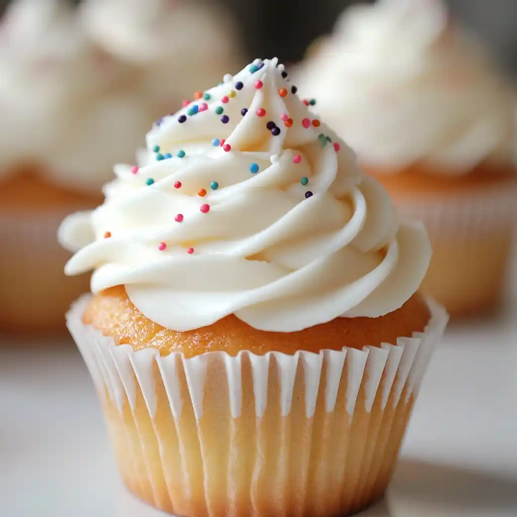 Delicious vanilla cupcake topped with swirled buttercream frosting and colorful sprinkles, perfect for celebrations and dessert lovers.