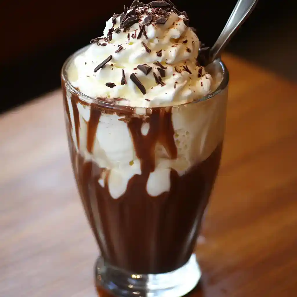 Creamy whipped topping with chocolate shavings on an iced coffee milkshake in a tall glass with chocolate syrup drizzle, served with a metal straw.