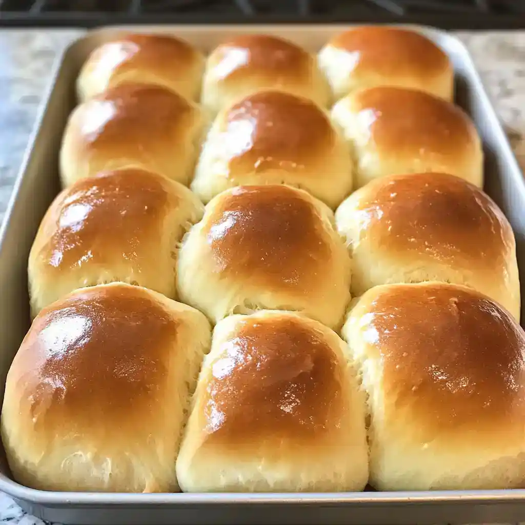 Soft, golden-brown dinner rolls fresh out of the oven, perfect for homemade bread recipes and family meals.