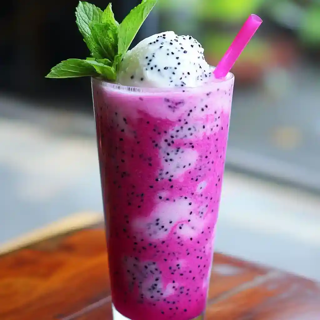 Creamy dragon fruit smoothie with fresh mint and a pink straw, perfect for summer refreshment. Made with vibrant pink dragon fruit, ice, and plant-based ingredients for a healthy, colorful treat.