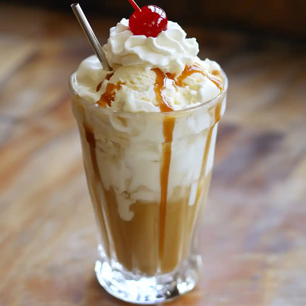 Sweet caramel milkshake topped with whipped cream and a cherry in a tall glass on a wooden table.