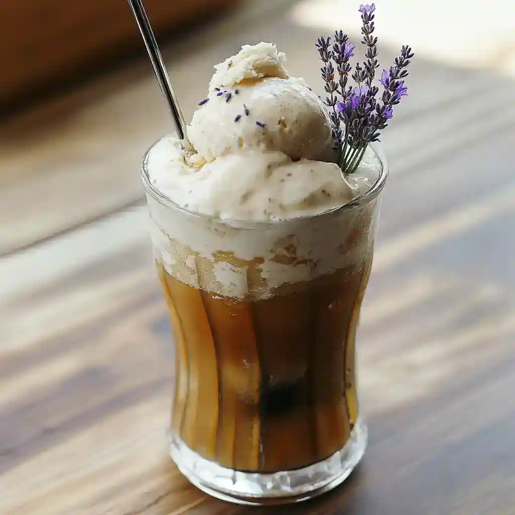 Creamy iced coffee float with vanilla ice cream and lavender garnish, served in a tall glass on a rustic wooden table. Refreshing dessert perfect for summer or coffee lovers.