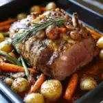 Juicy roasted beef tenderloin with roasted fingerling potatoes, carrots, and savory herbs for a perfect station recipes dinner.