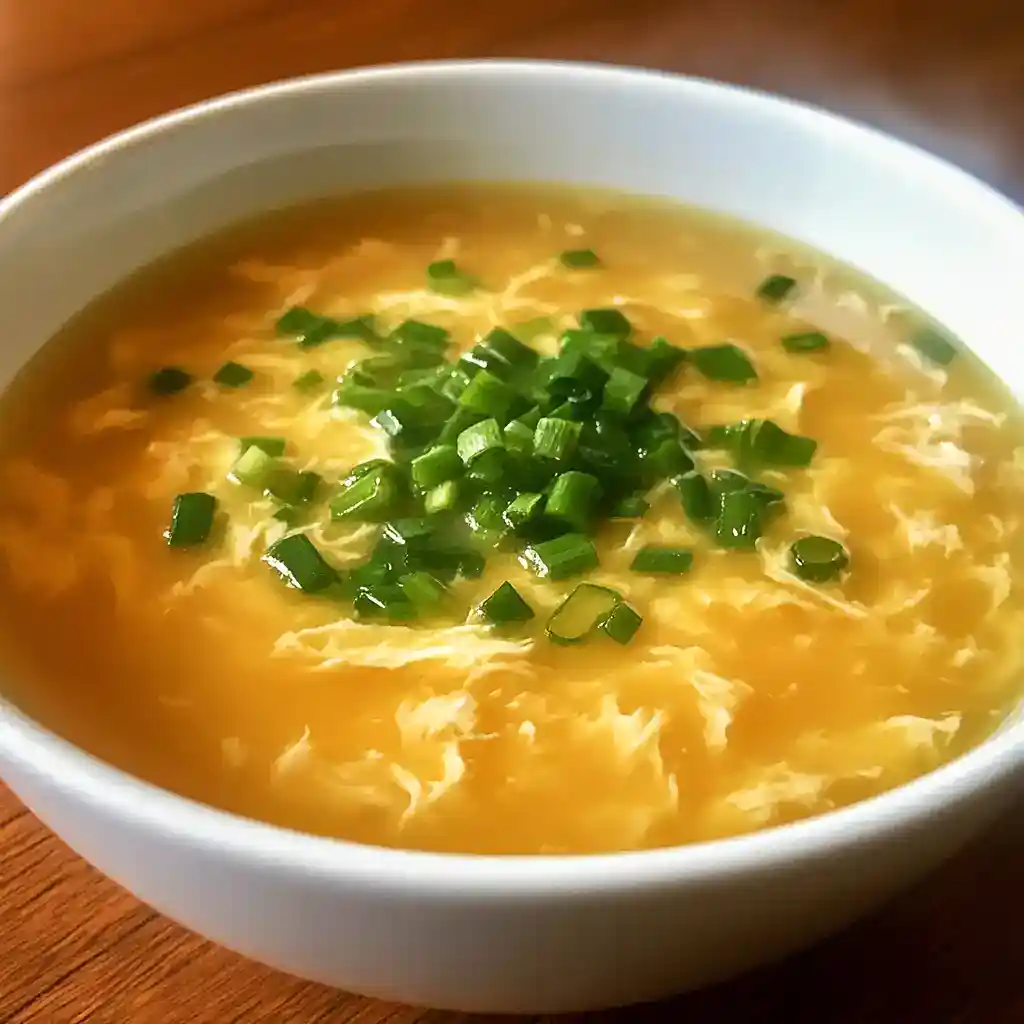 1. Delicious egg drop soup with chopped green onions in a white bowl, perfect for comforting meals.