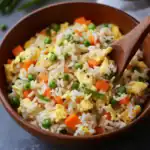 Scrambled egg fried rice with vegetables in a wooden bowl, featuring peas, carrots, and green beans, served with a wooden spatula, perfect for quick, delicious Asian-inspired meals.