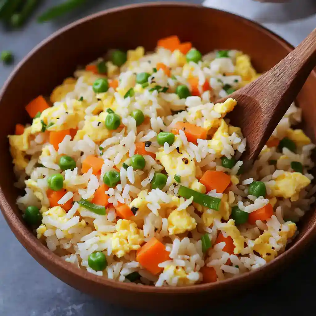 Scrambled egg fried rice with vegetables in a wooden bowl, featuring peas, carrots, and green beans, served with a wooden spatula, perfect for quick, delicious Asian-inspired meals.
