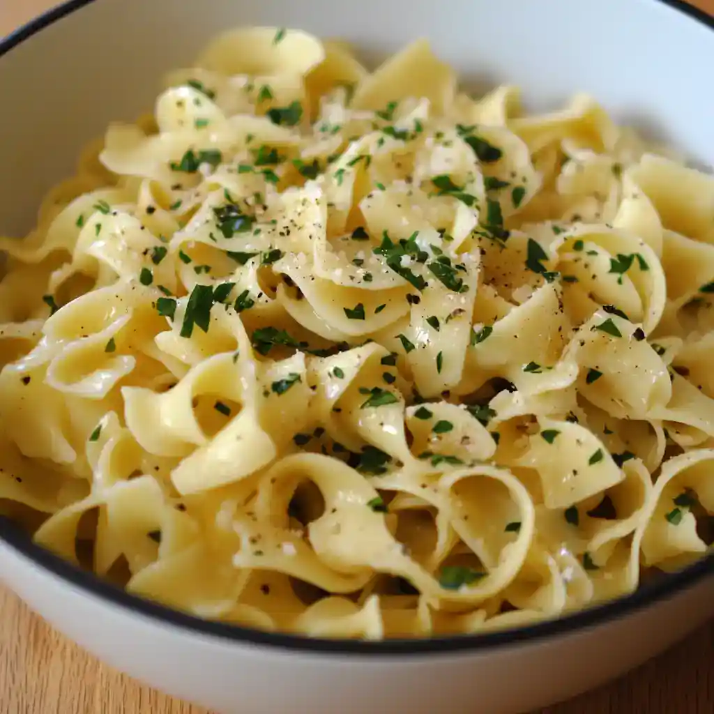 Butter and garlic coated fettuccine pasta garnished with parsley in a white bowl for a simple, flavorful pasta recipe.