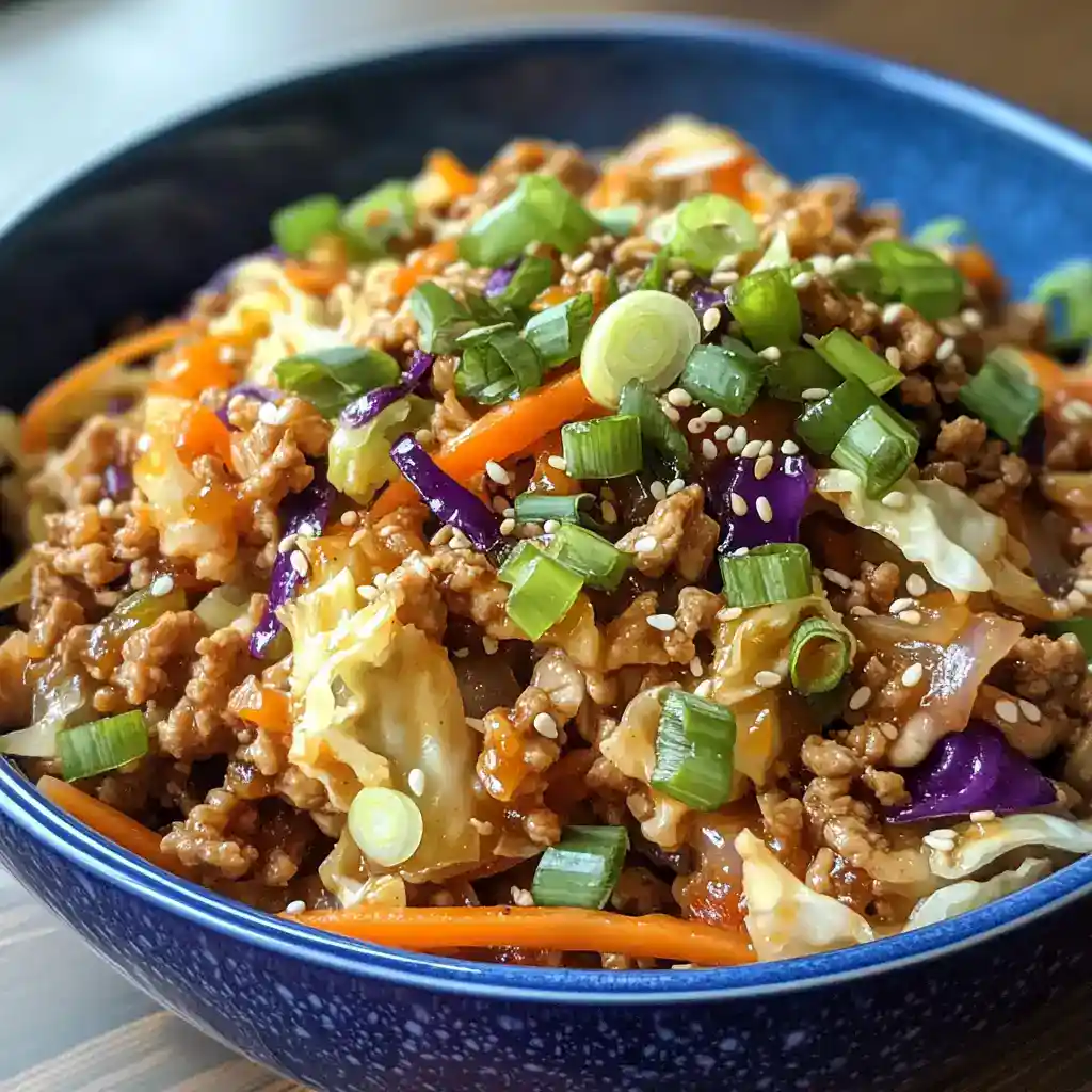 Stir-fried ground beef with vegetables topped with scallions, sesame seeds in a blue bowl, delicious Asian-inspired dish.