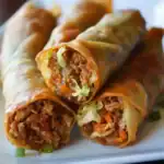 Crispy spring rolls filled with savory ground beef, shredded cabbage, and carrots, served on a white plate, perfect for Asian-inspired appetizers or meal starters.